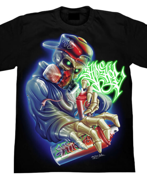 T-Shirt 4D04 – Rock Chang Original – Graffiti Sprayer Motiv „Graffiti Sprayer“ – T-Shirt am schwarzen (UV) Licht., Unisex